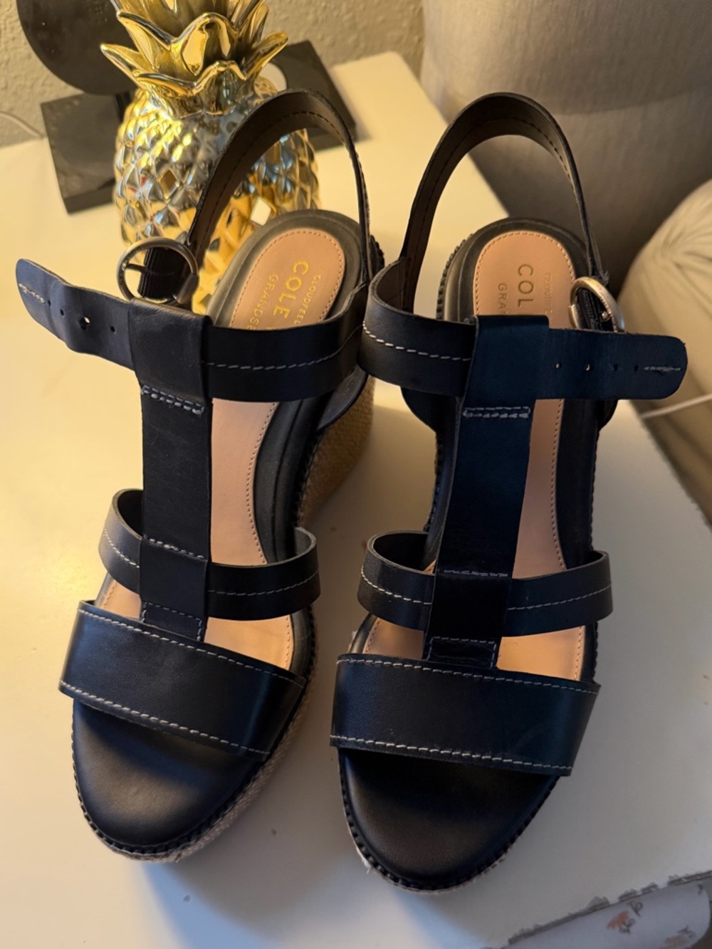 Cole Haan Black Leather Wedge Sandals with Ankle Strap